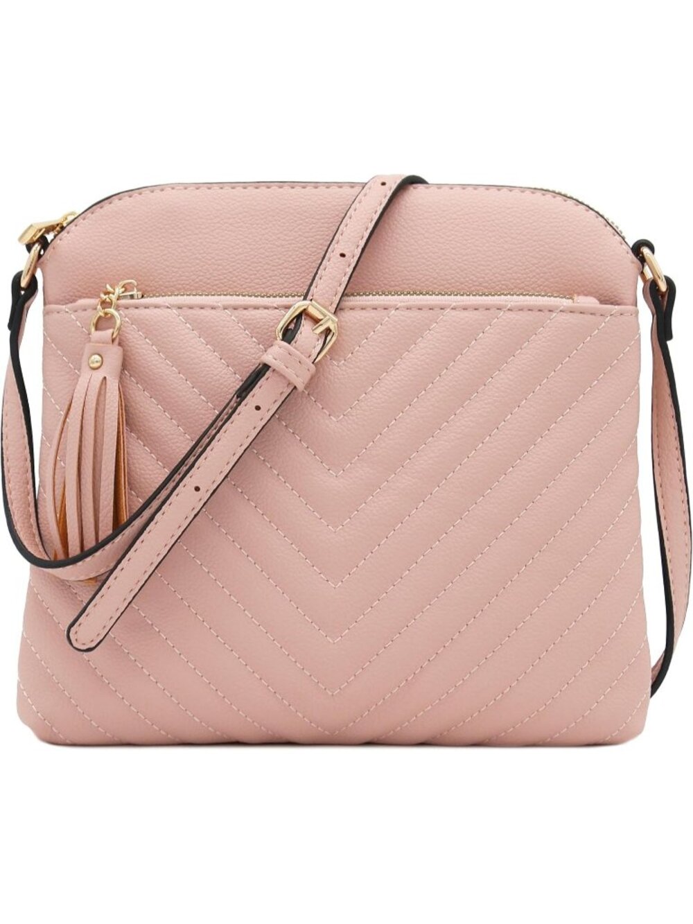 Women's Dusty Pink Chevron Quilted Medium Tassel Accent Shoulder Crossbody Bag